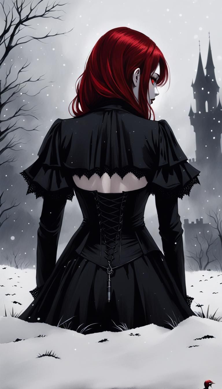 Ethereal Vampire Goddess Amidst Winter Ruins