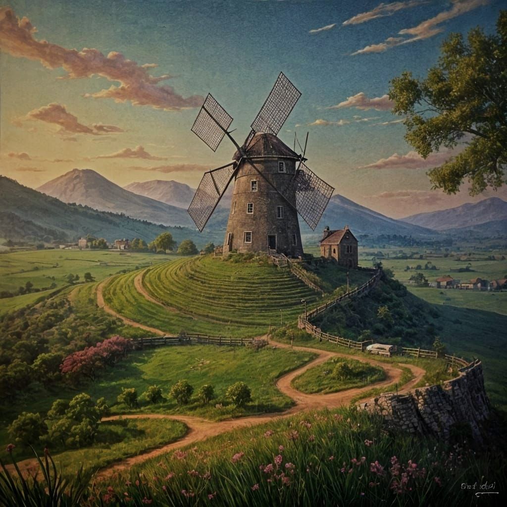 Old-World Windmill in Ink and Watercolor