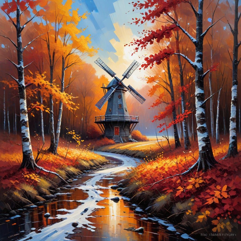 Winter Landscape: Expressive Impasto Painting with Windmill