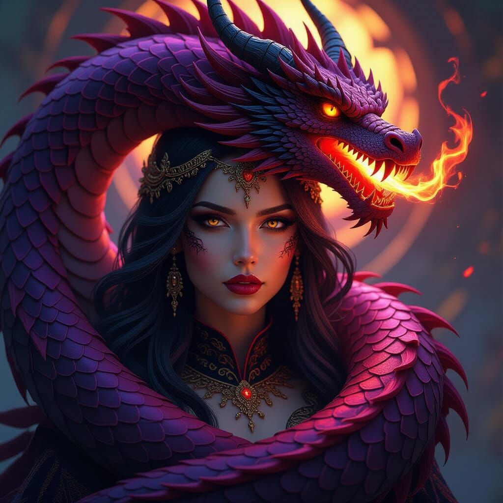 Fantasy Woman and Dragon in Dark Concept Art Style