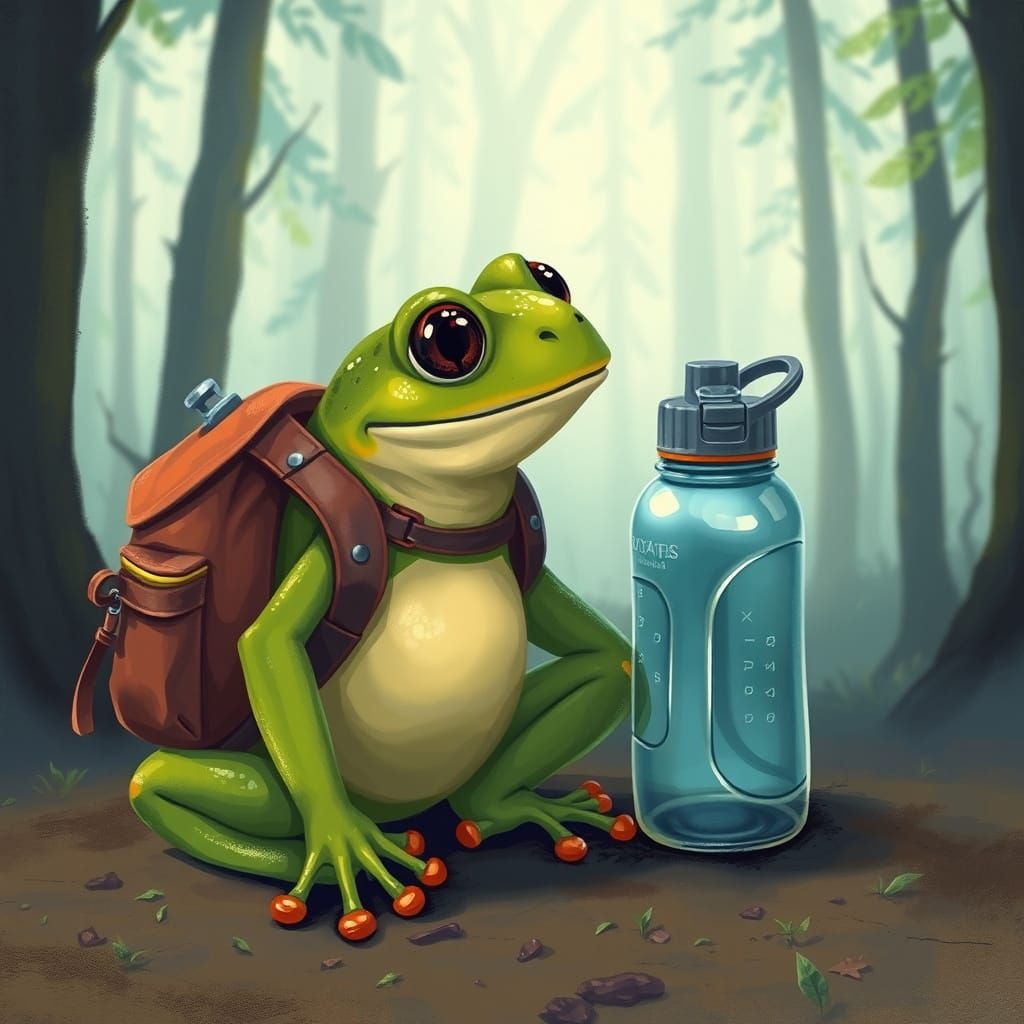 Frog with Backpack in Misty Forest, as Digital Art