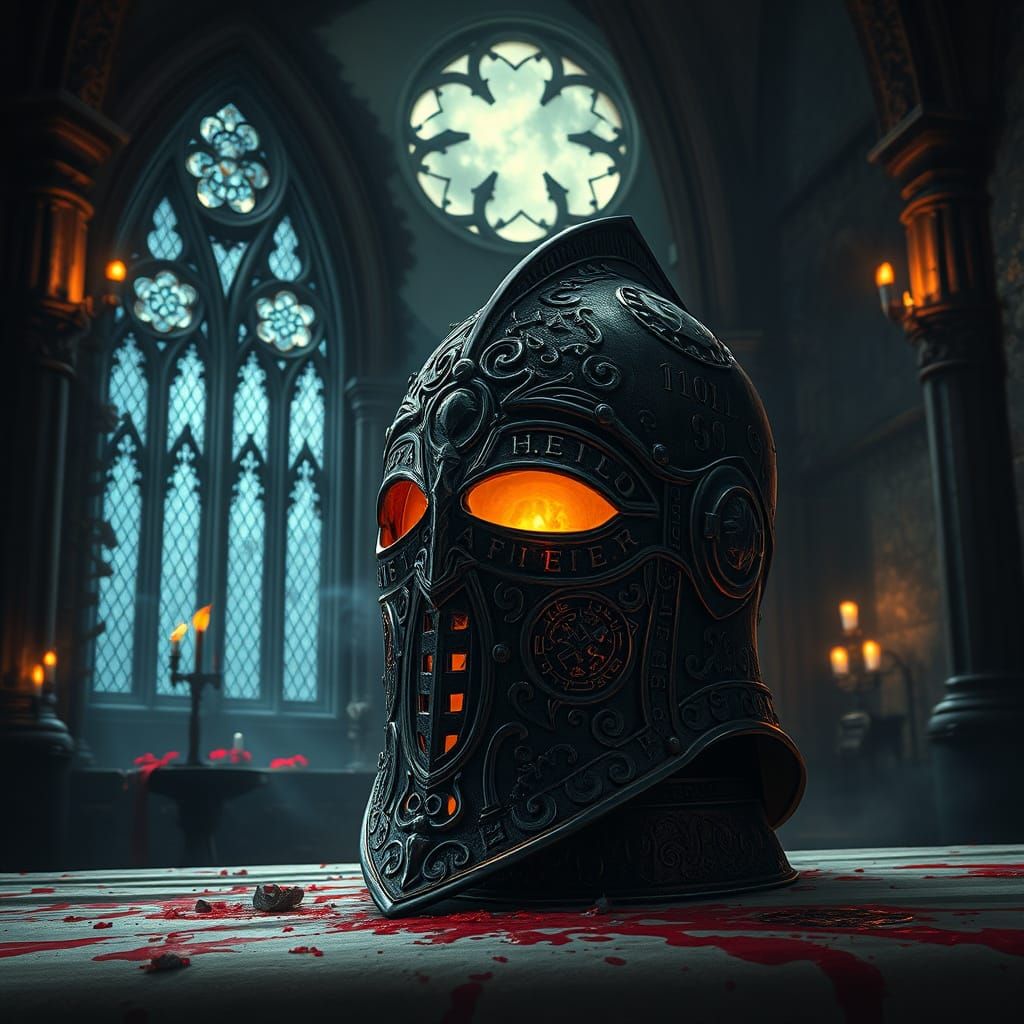 Knight's Helmet on Altar in Dark Fantasy Scene