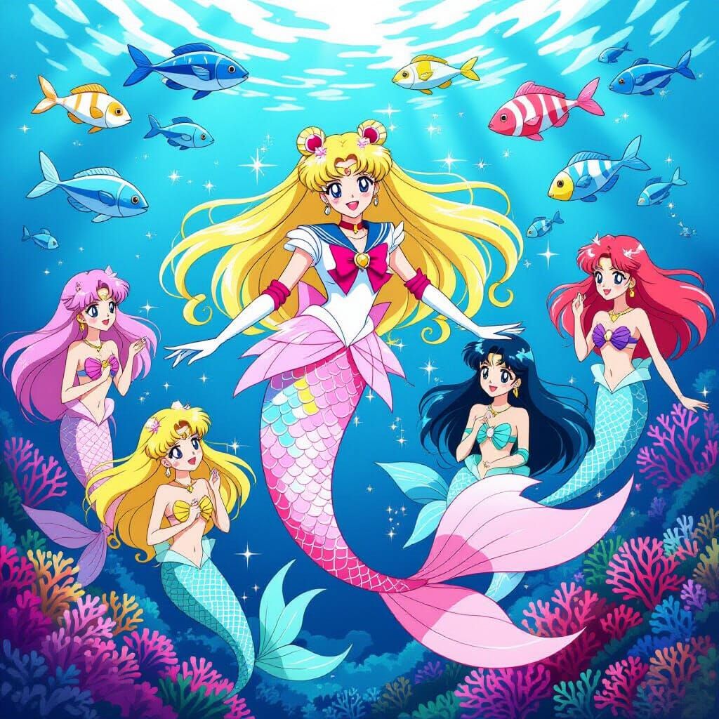 Sailor Moon as a Mermaid Meets Mermaids in 1992 Anime Style
