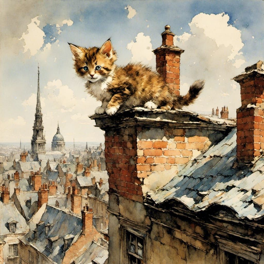 Victorian Kitten Leaps Joyfully on London Rooftop