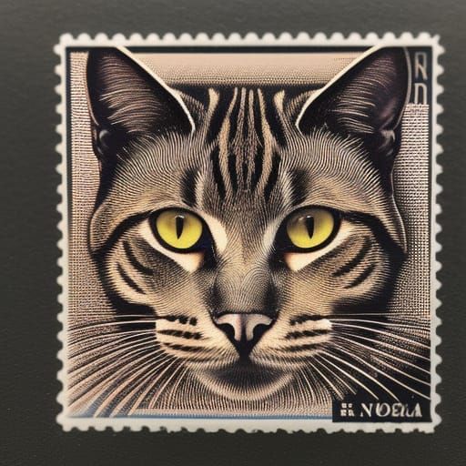 Feline Portrait in Vintage Postage Stamp Style