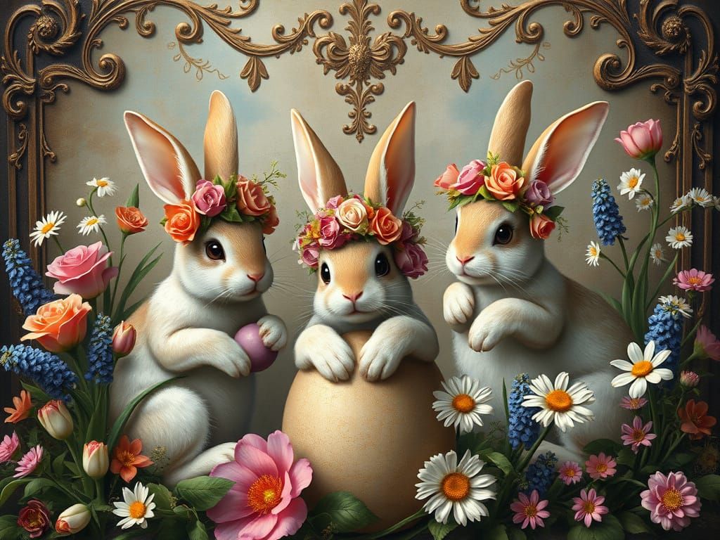 Whimsical Bunnies Decorating Easter Motifs in Vintage Style