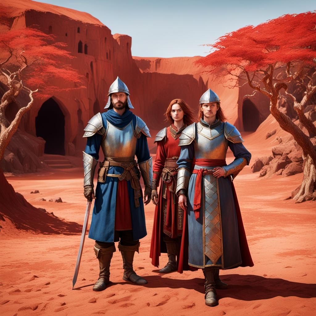 Medieval Warriors and Mages in Crimson Landscape