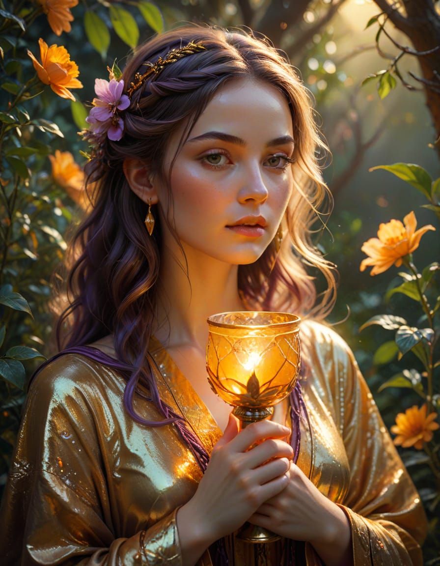 Alchemy Goddess with Golden Chalice in Surreal Style
