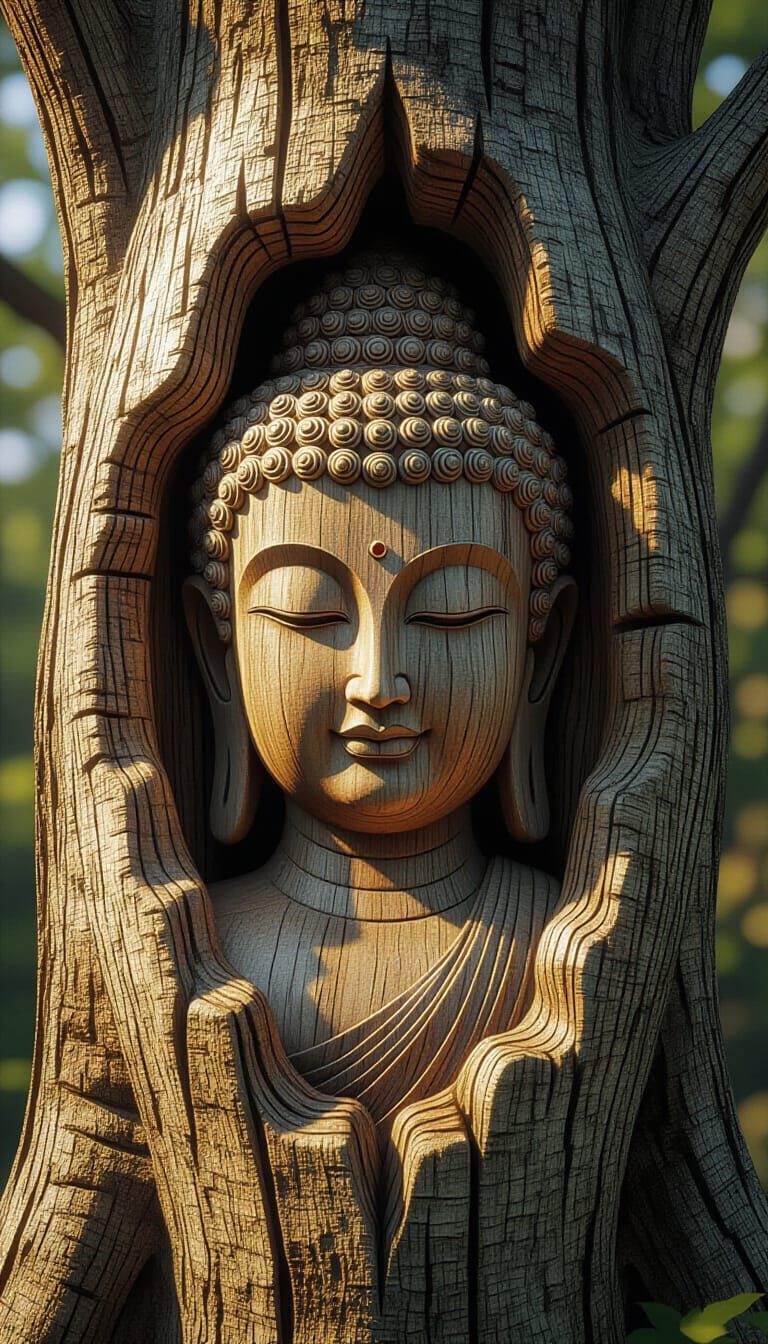 Buddha Carving in Tree Trunk Hollow, Digital Art