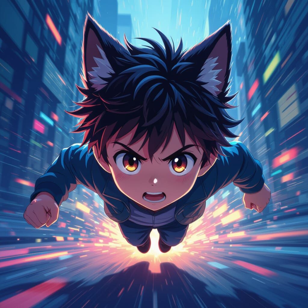 Boy with Wolf Ears Running in Anime Style