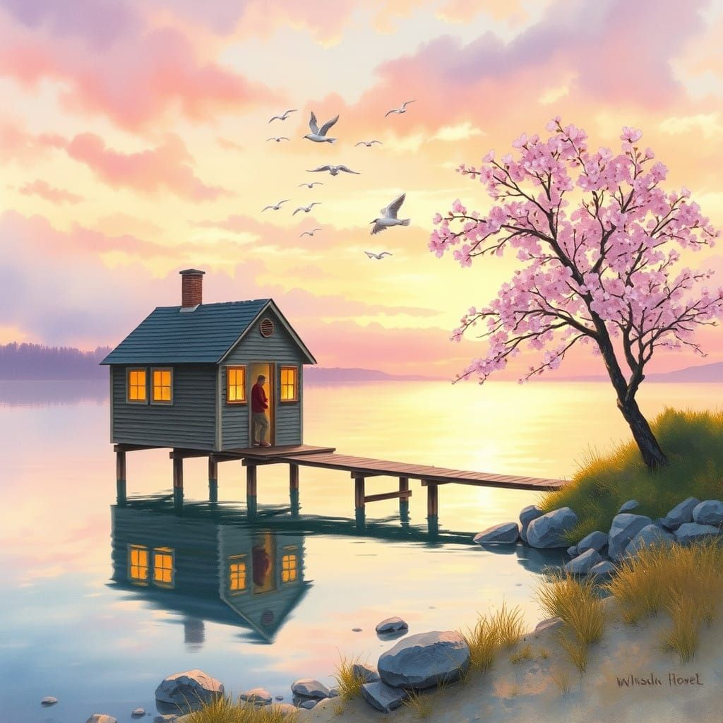 Tranquil Lakeside Cottage at Sunset
