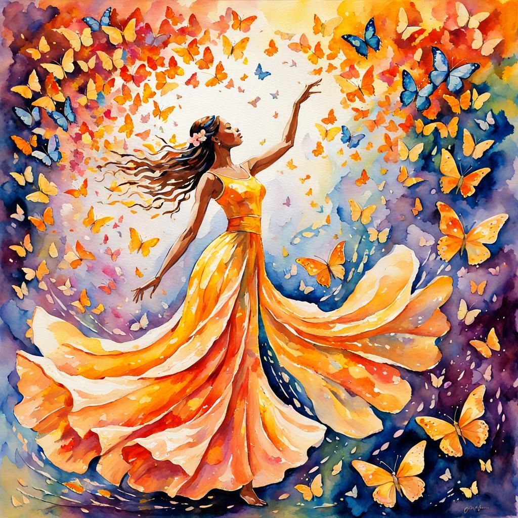 Dancer's Gown Unfurls into Vibrant Butterfly Storm