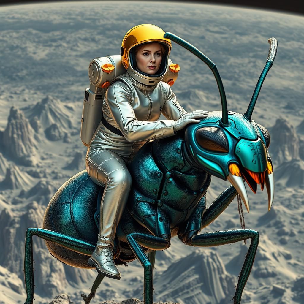 Ethereal Futuristic Ant Rider on the Moon's Baroque Horizon