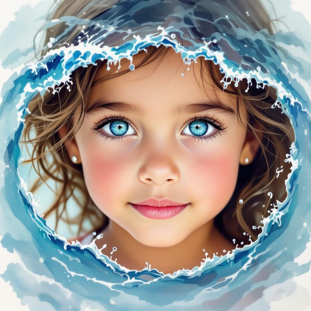 Angelic Girl's Face Reflecting Stormy Seas in Watercolor