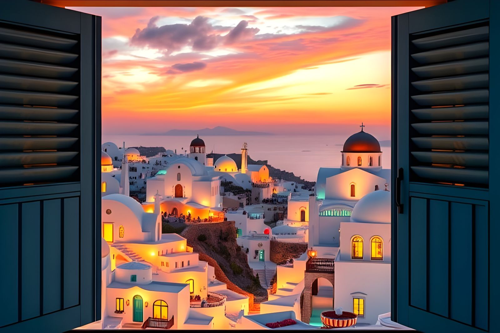 Santorini at Dusk through Cerulean Shutters