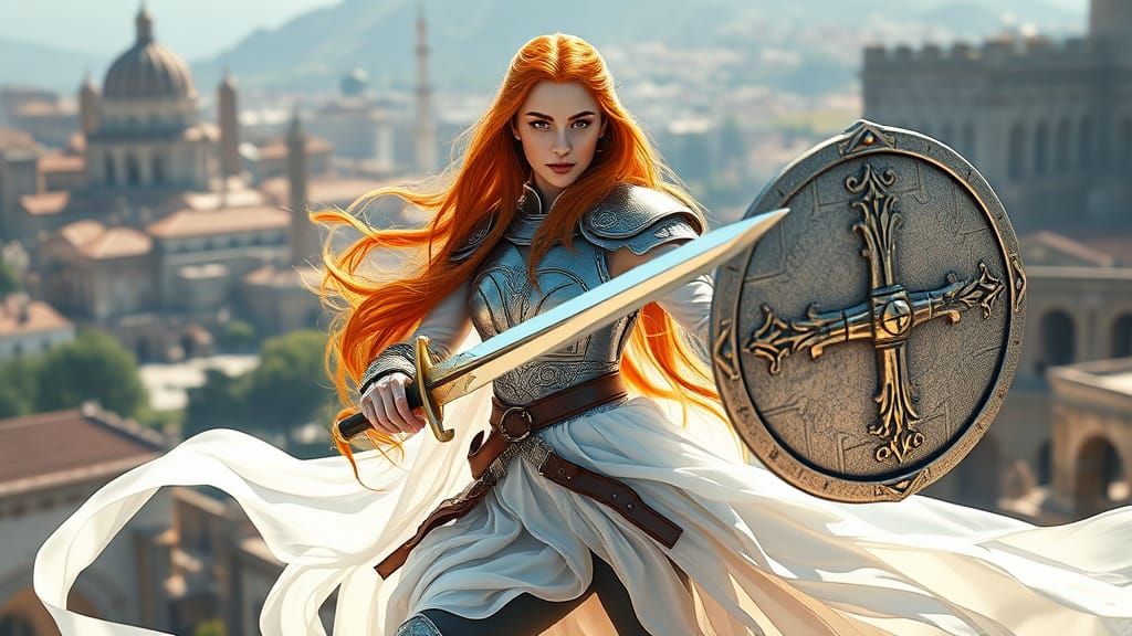 Redhead Warrior Princess with Sword in Ancient City