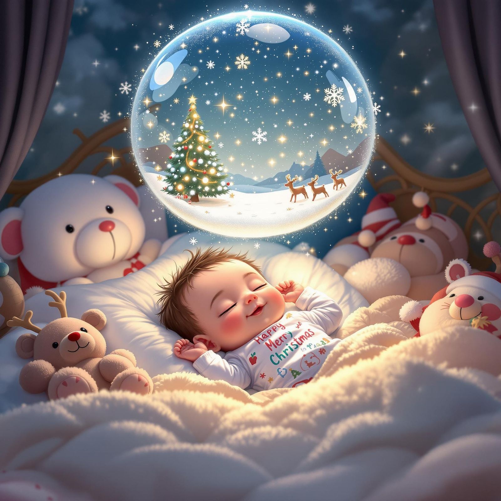 Baby in Cozy Winter Wonderland Scene with Christmas Decorati...
