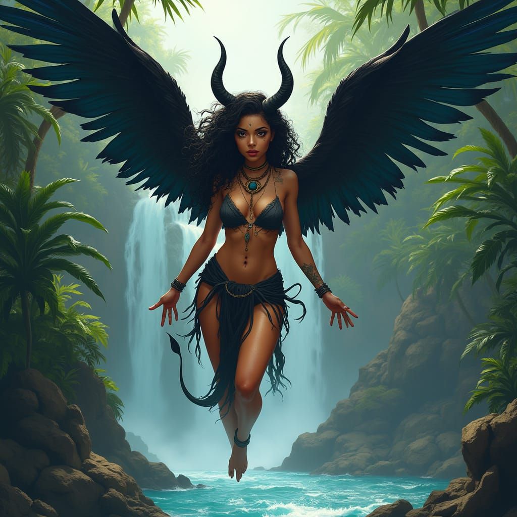 Tribal Goddess Soars Over Tropical Paradise in Digital Illus...