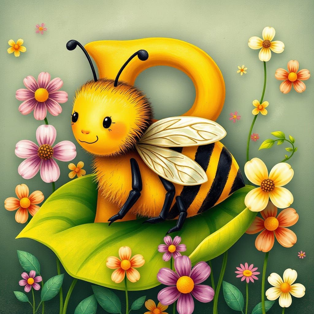 Whimsical Golden Bumblebee Letter in Beatrix Potter Style