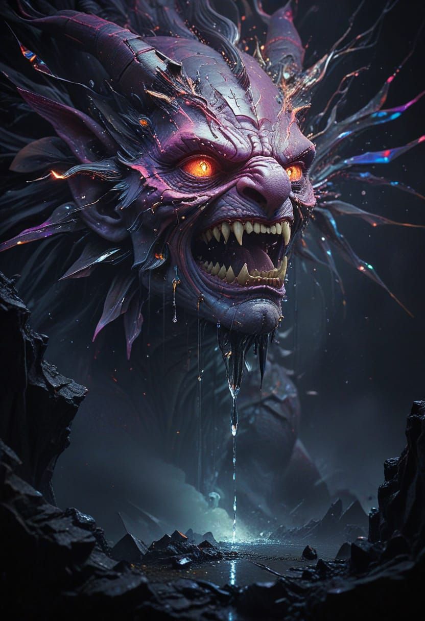 Digital Gargoyle Weeping Shimmering Code in Glitch Art