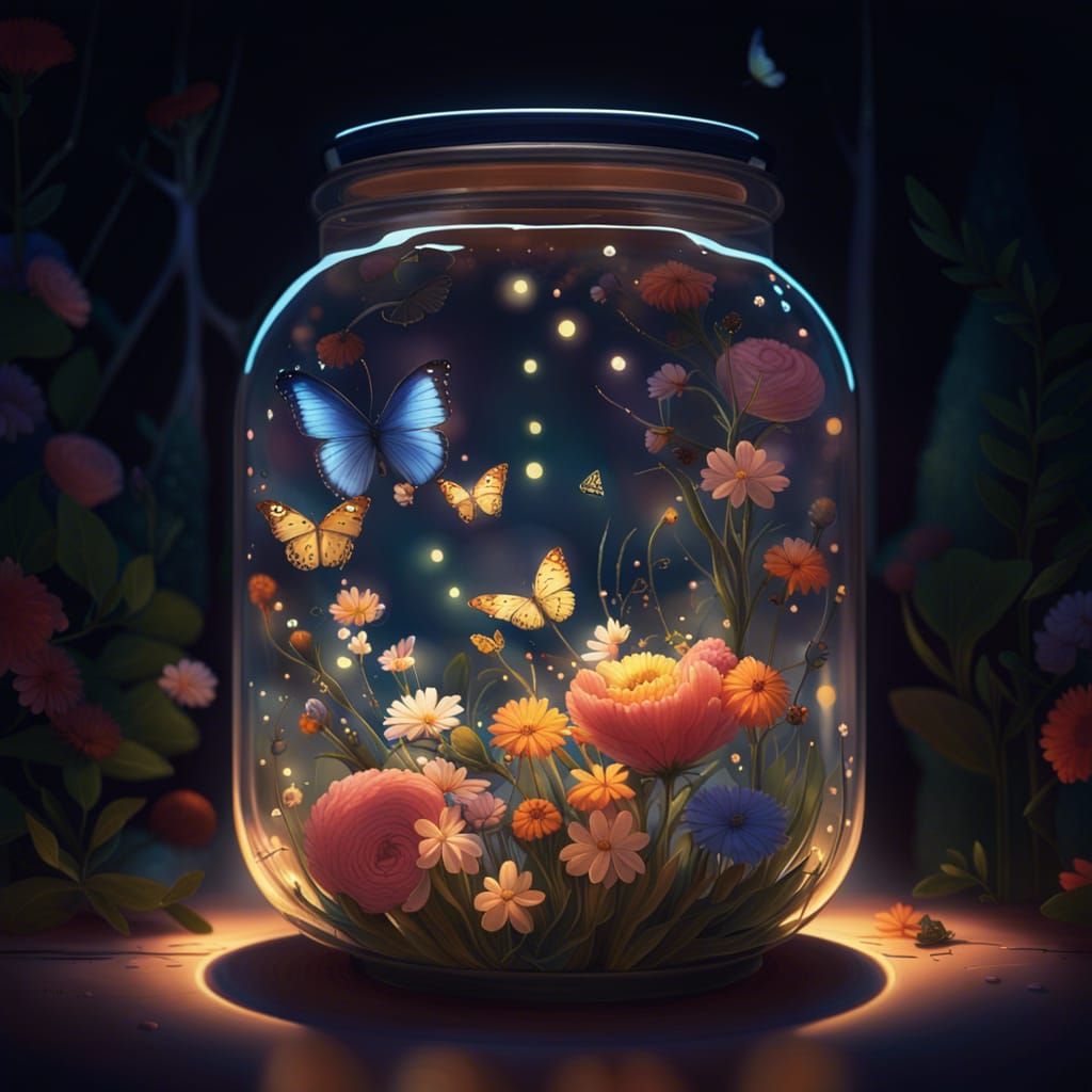 Vibrant Glass Jar Blooms in Whimsical Paradise