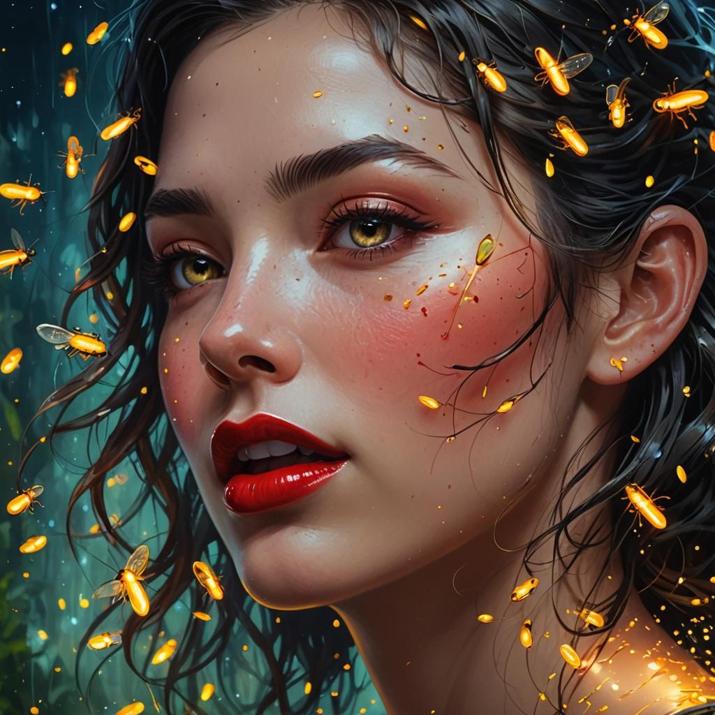 Hyperrealistic Woman with Fireflies Splash Art
