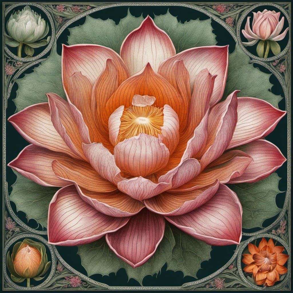 A lotus-rose hybrid by Ernst Haeckel, botanical illustration, vibrantly coloured, blend of lotus and rose into a new flo...