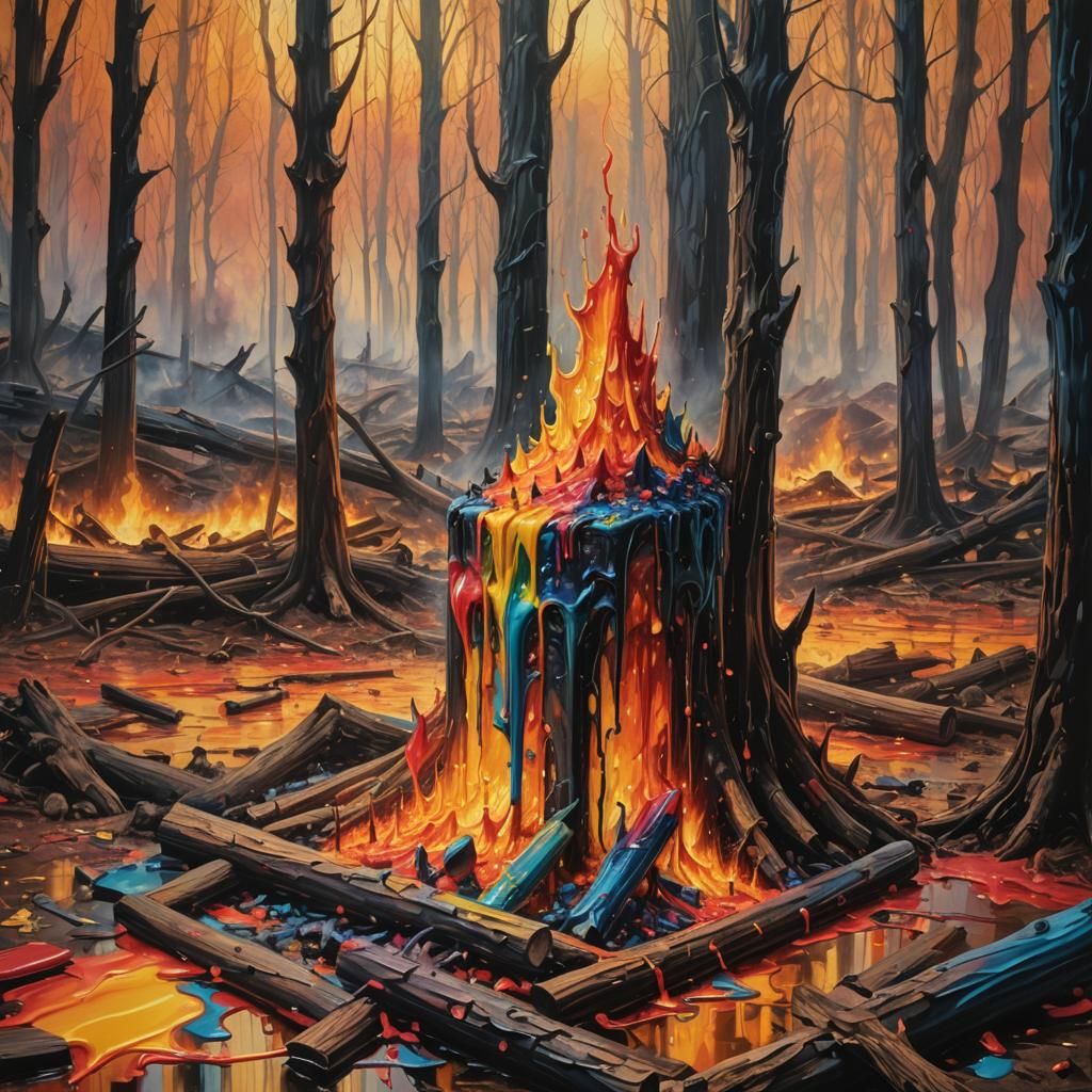 Surrealistic Melting Crayon Explosion in Wildfire Scene
