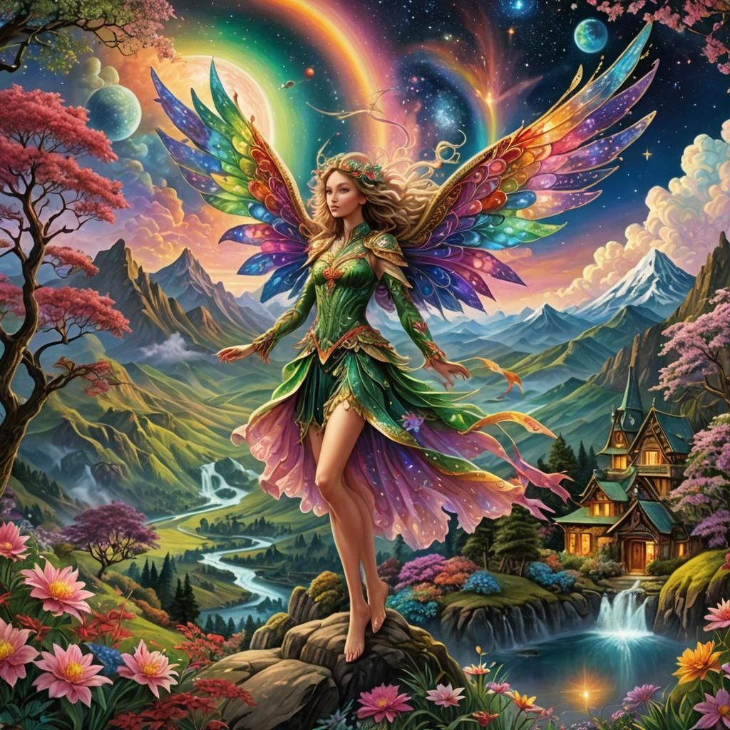 Vast Green Valley Garden Scene with Epic Fairy and Celestial...