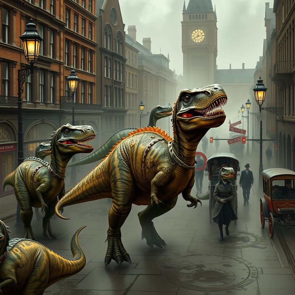 Dinosaurs Roam Victorian London: Steampunk Gothic Style