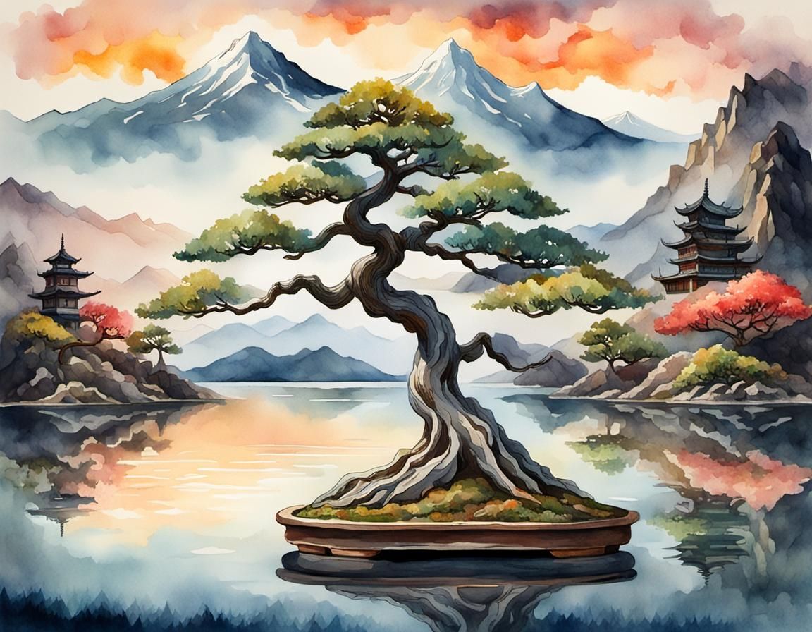 Ethereal Watercolor Bonsai Scene