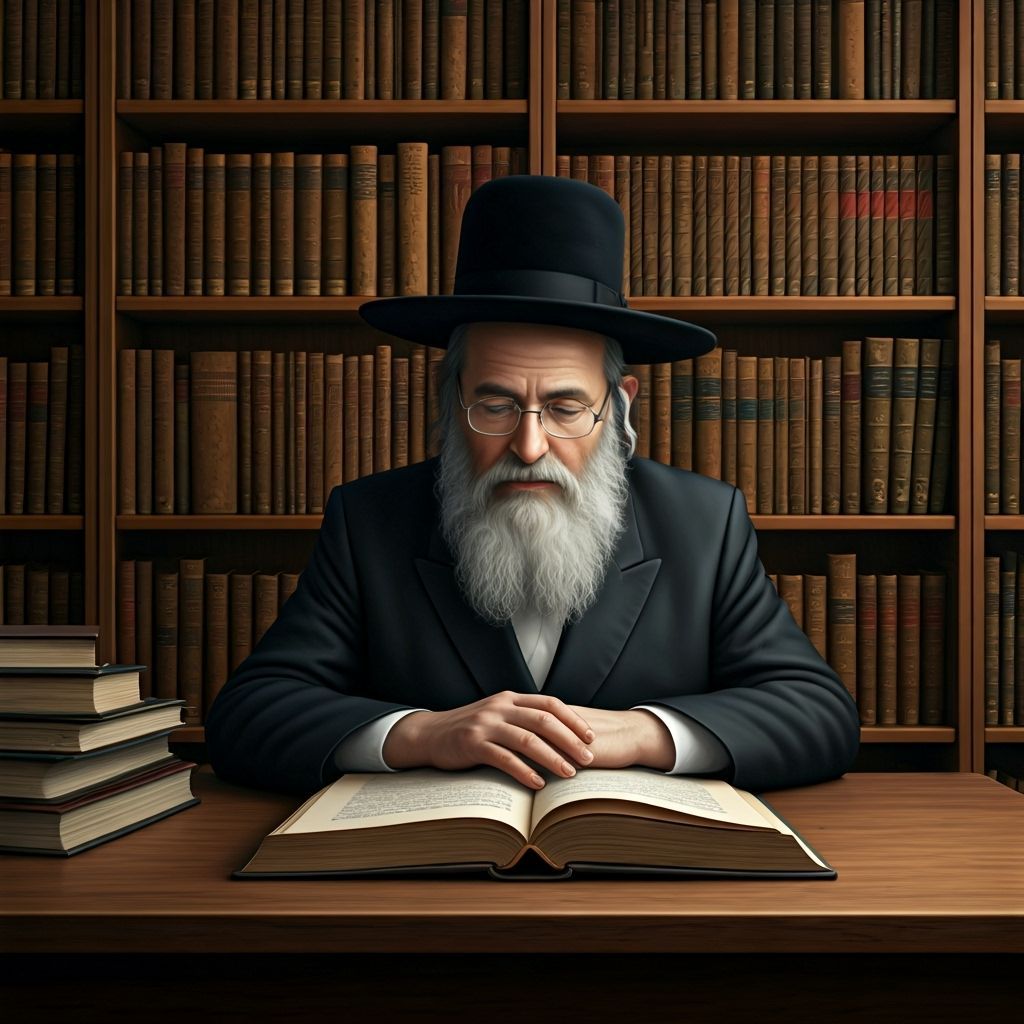 Orthodox Jewish Man Studying in a Book-Filled Room
