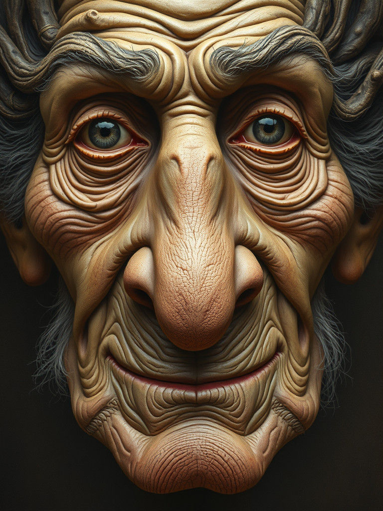 Ancient Face with Twisted Nose and Knowing Gaze in Dreamlike...