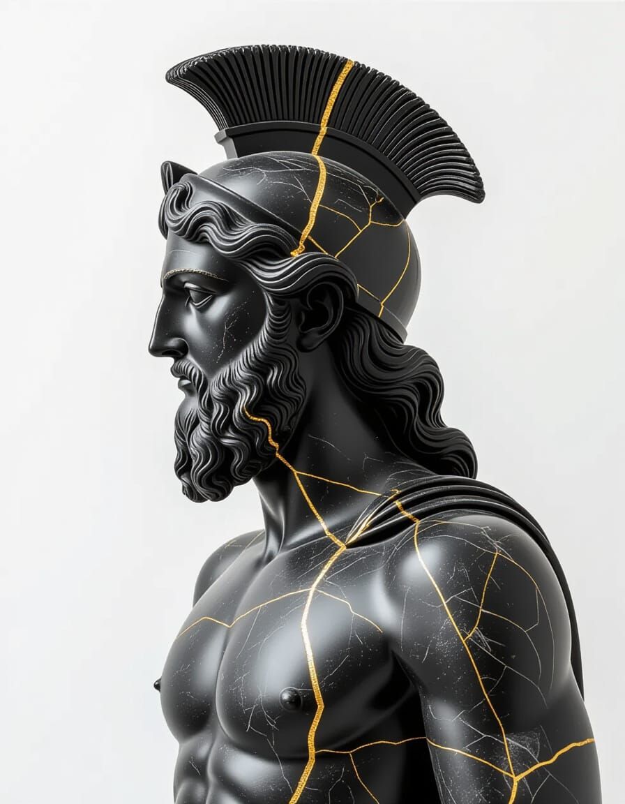 Poseidon Statue with Kintsugi Joints in Black and White