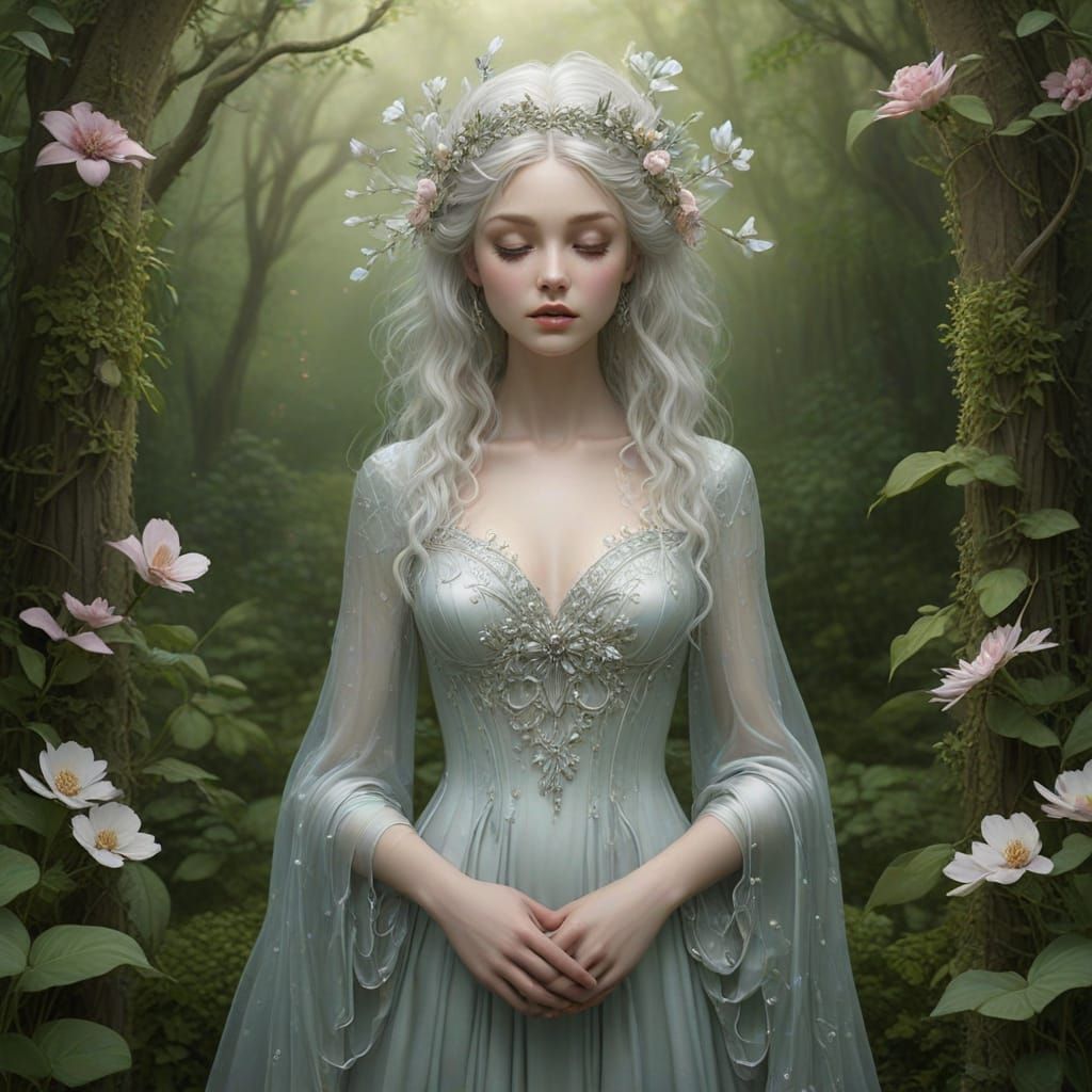 Whimsical Faerie in Iridescent Gown Amidst Enchanted Forest