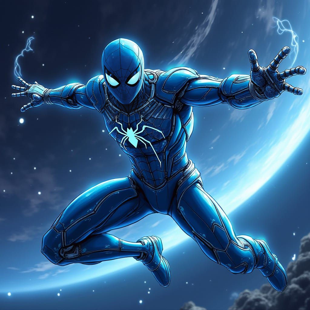 Blue Robot Spider-Man in Anime Space