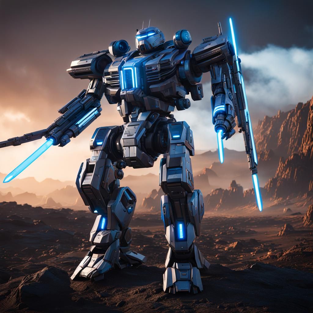 Intergalactic Mech Wields Twin Blue Lightsabers in Epic Cine...