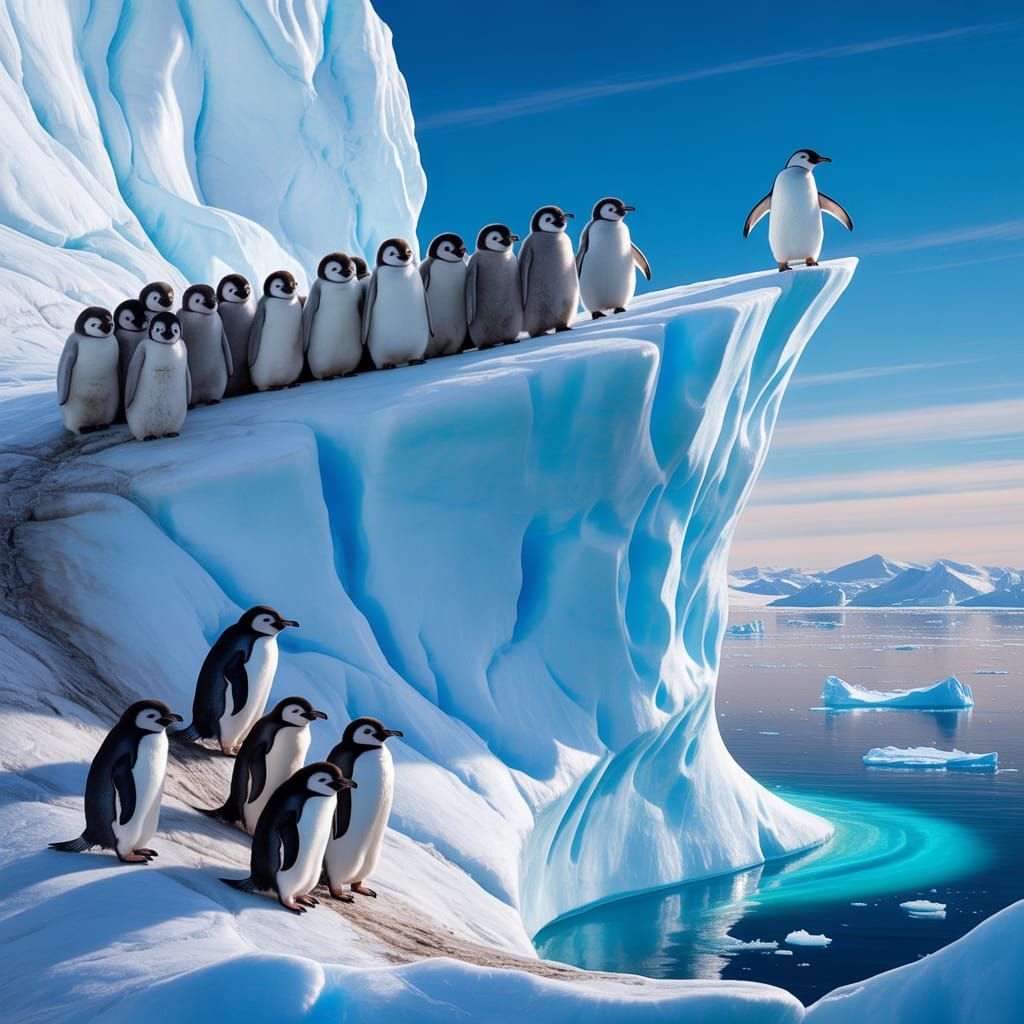 Fluffy Penguins on Arctic Ice Cliff Digital Painting