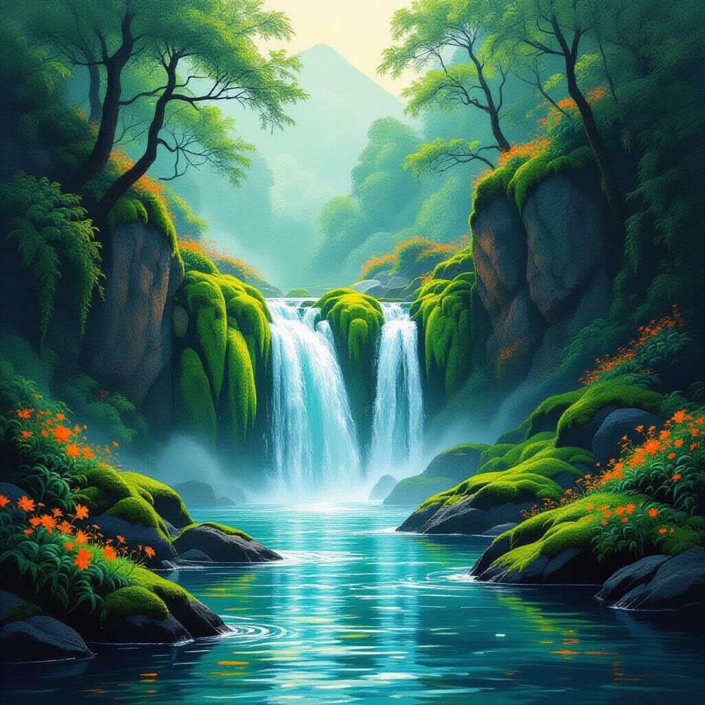 Ethereal Waterfall with Neon Moss and Wildflowers