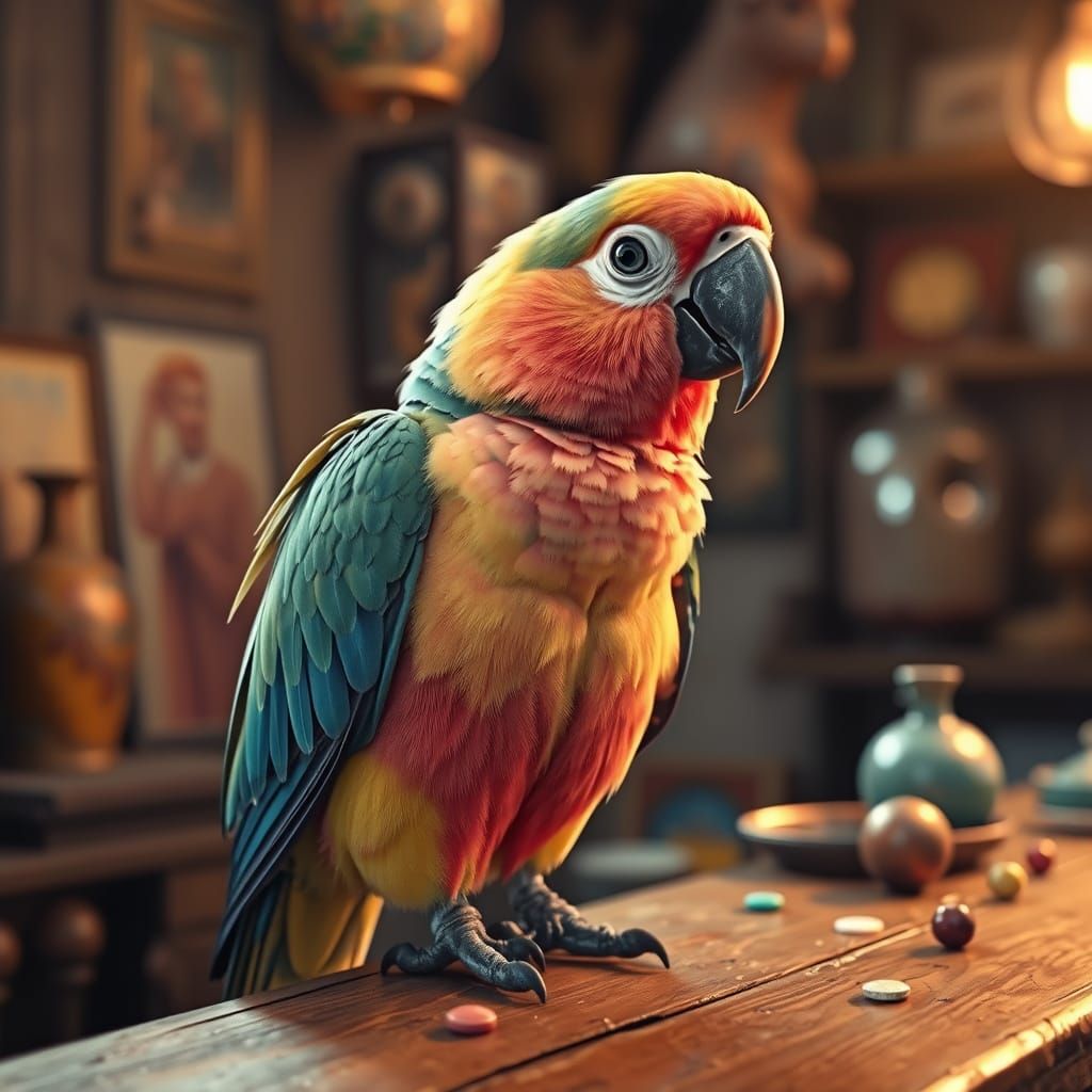 Vibrant Parrot Perched on Weathered Counter in Warm Lighting
