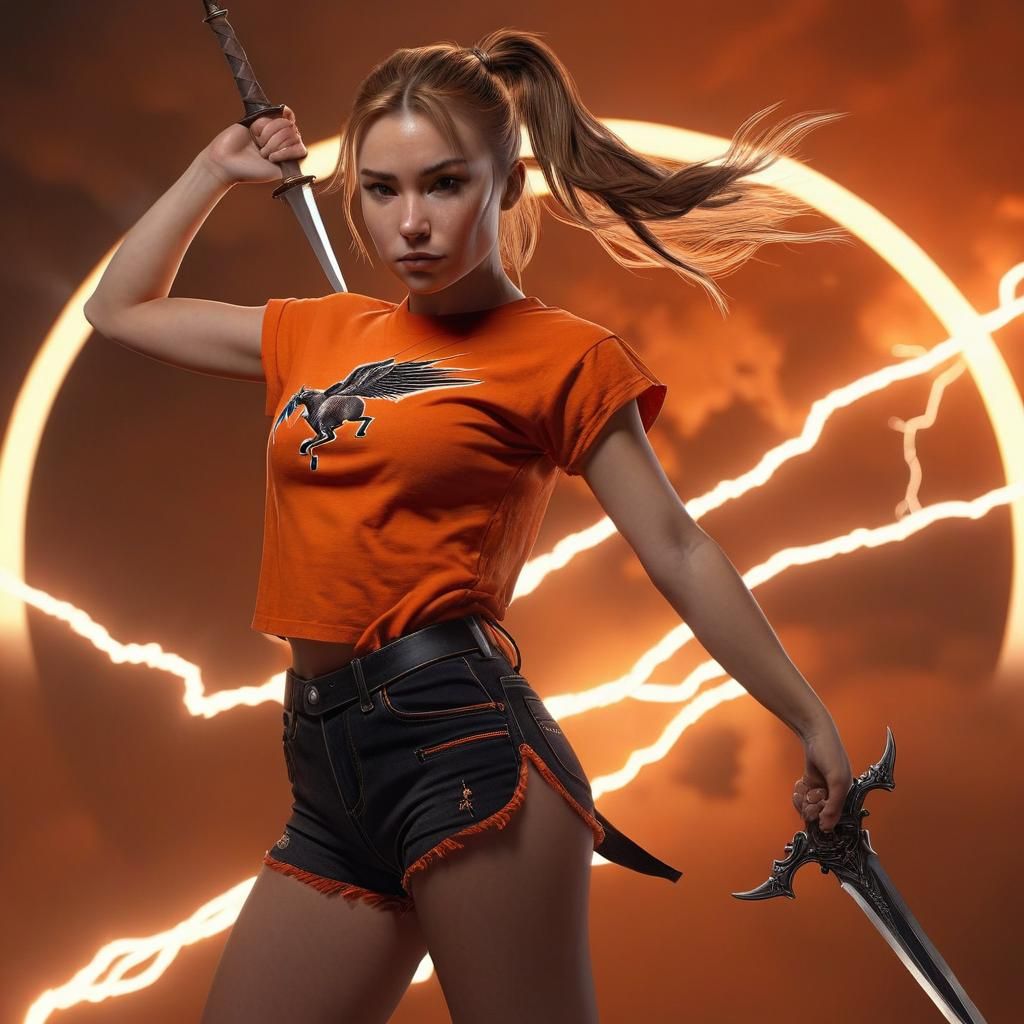 Ethereal Portrait of a Dynamic Heroine in an Orange T-Shirt...