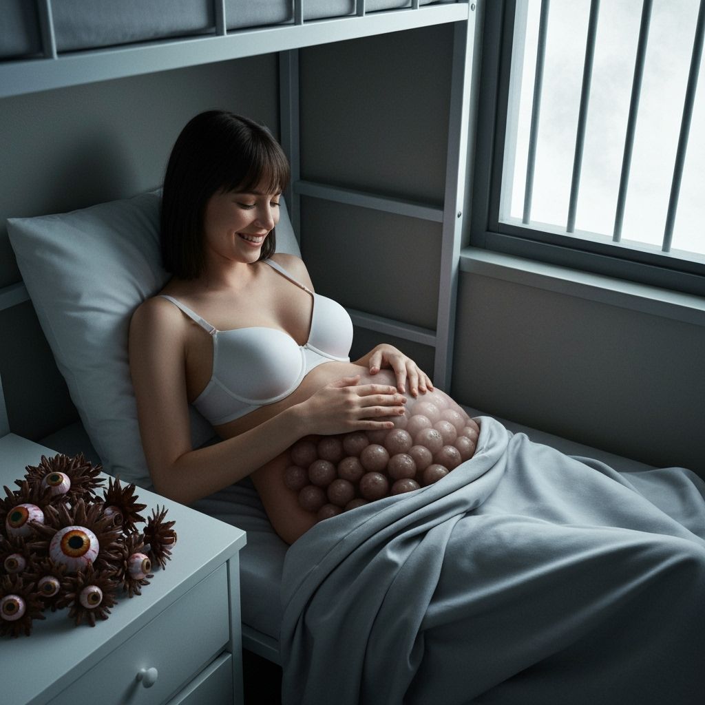 Woman with Swollen Belly in Horror Film Still
