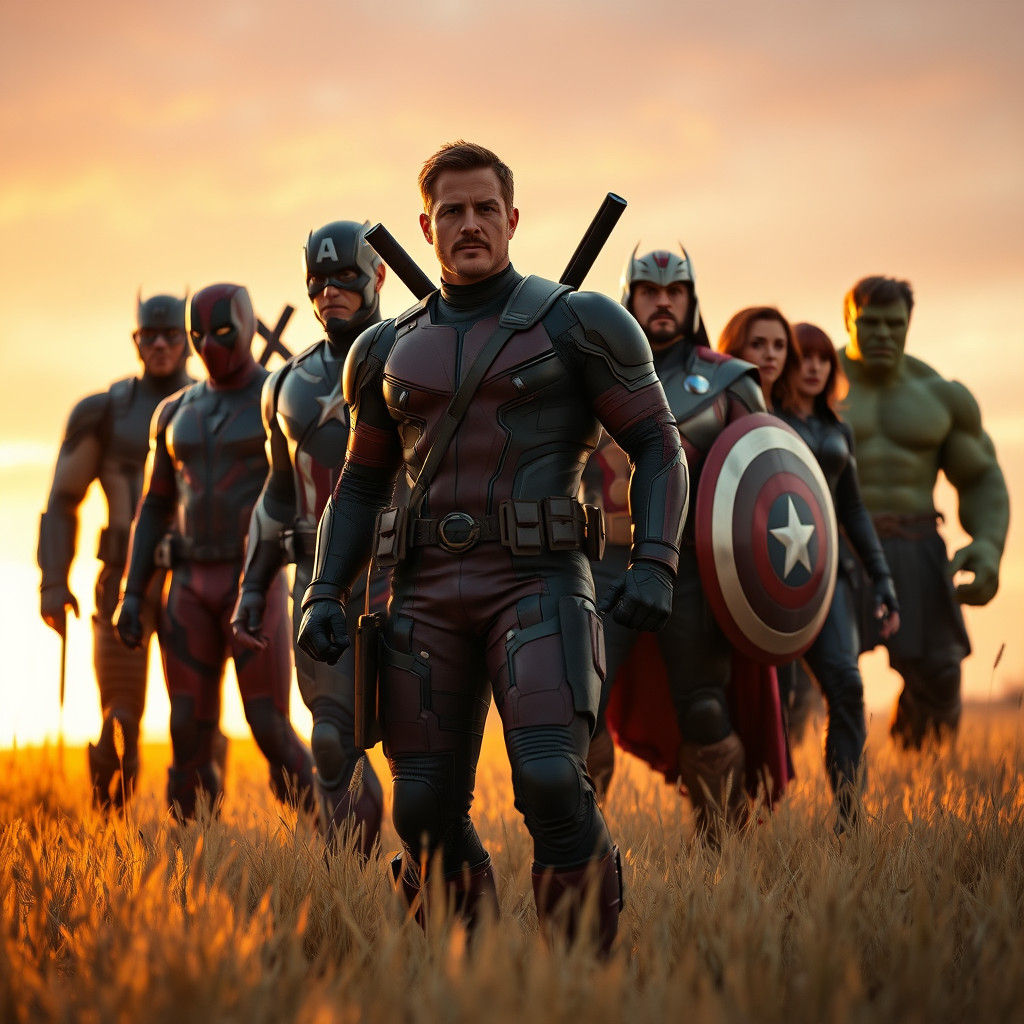 Superhero Team Stands United in Golden Field at Sunset