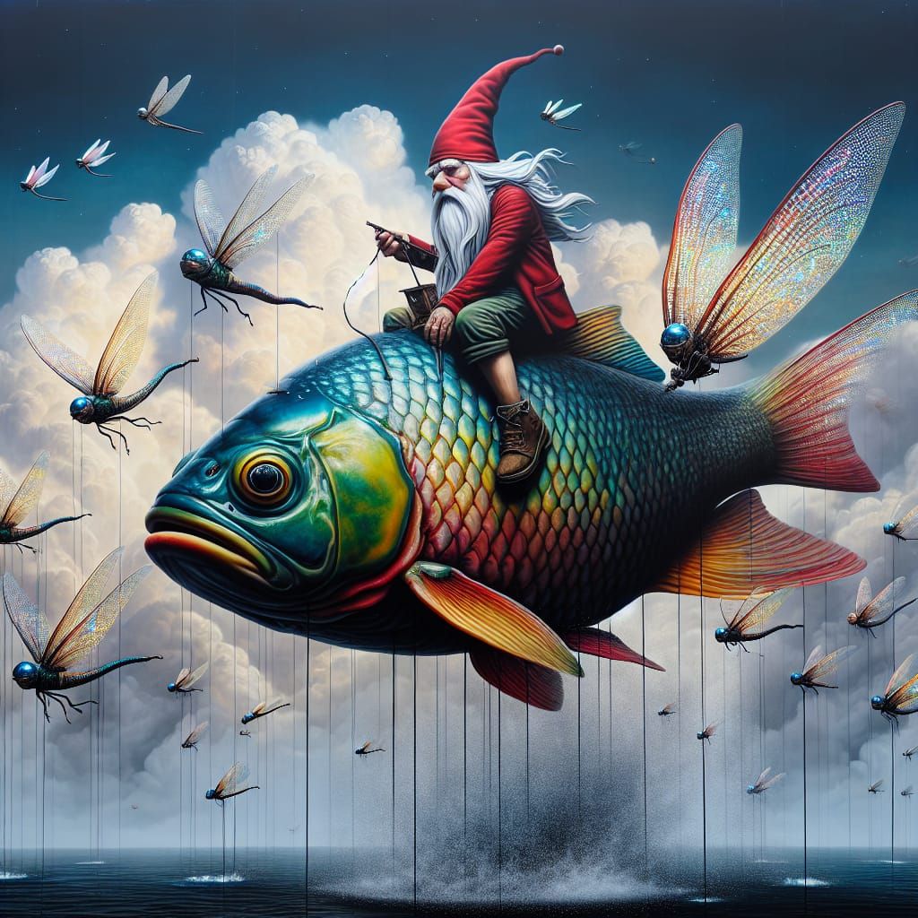 Gnome Sails on Majestic Fish Amidst Whirlwind