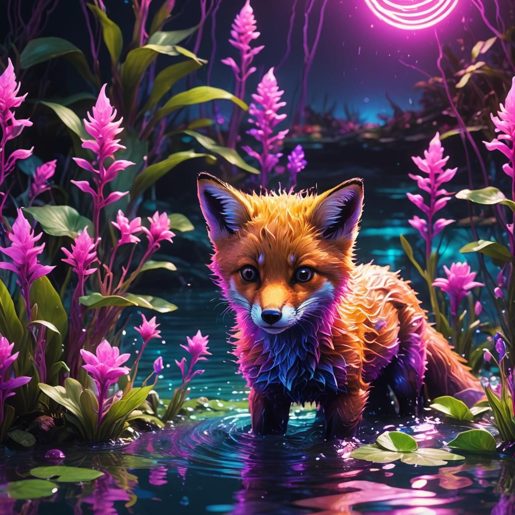 Glowing Fox Emerges from Vibrant Neon Water in Cyberpunk Fan...