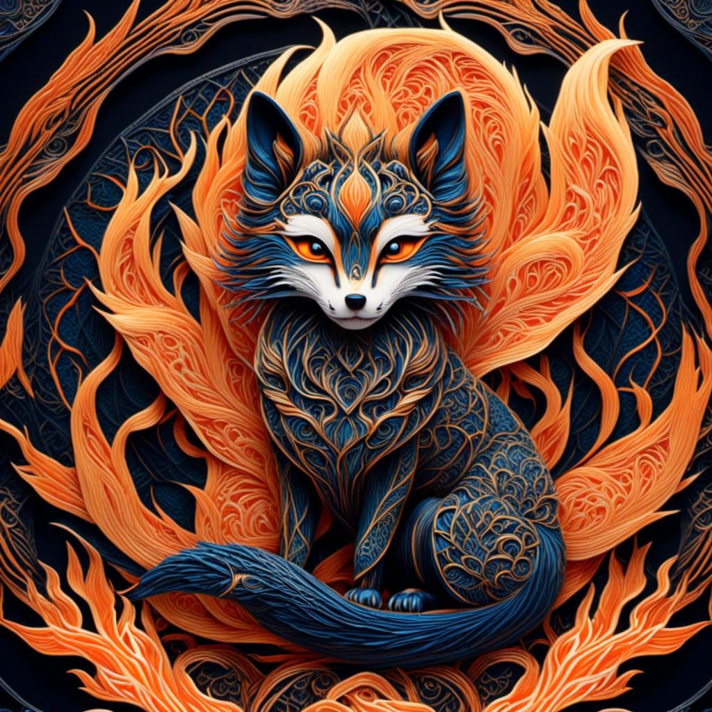 Enchanted Japanese Kitsune Amidst Celestial Flames