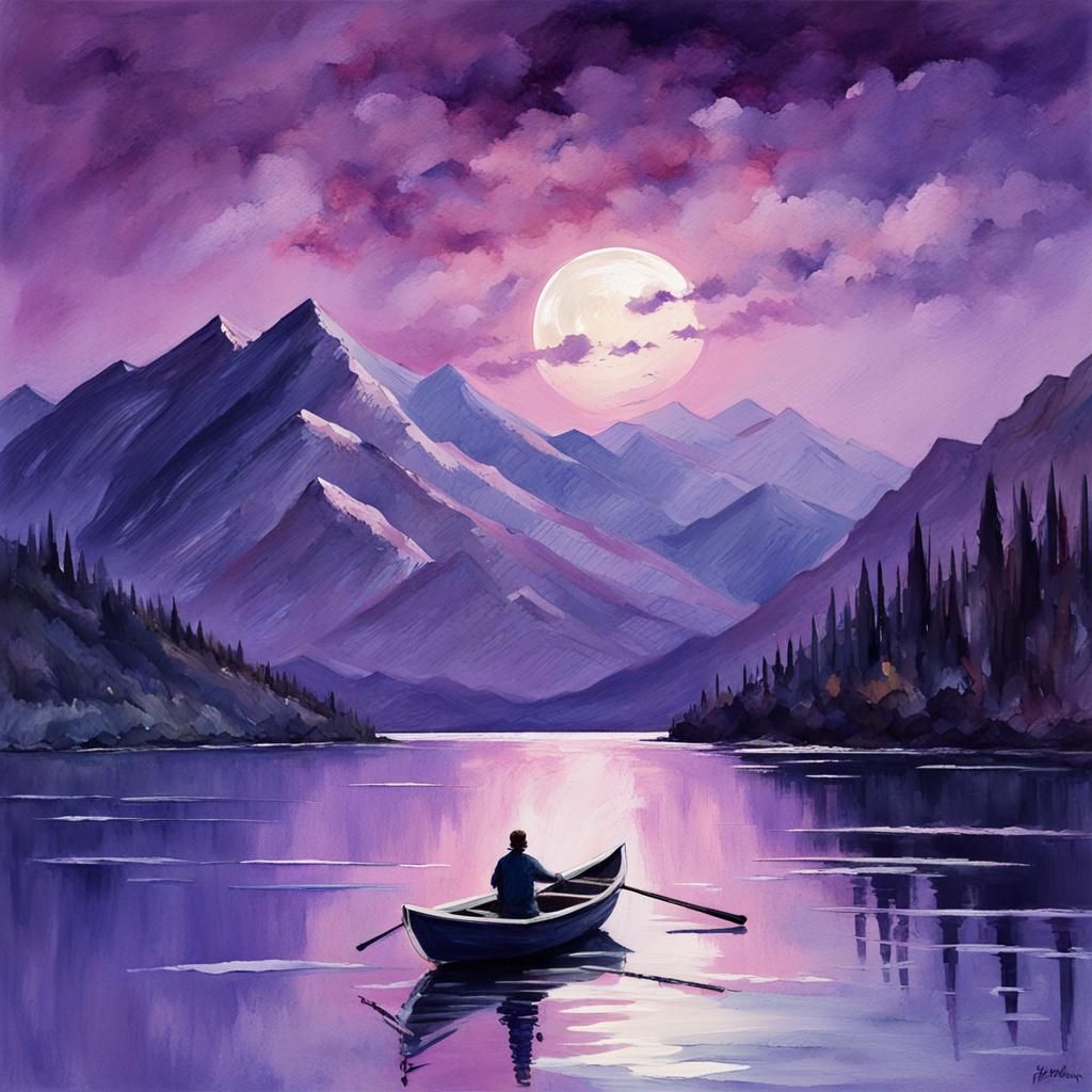 Ethereal Gouache Masterpiece of Moonlit Boat on Serene Lake