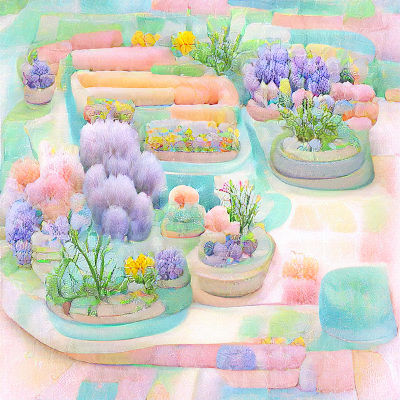 Pastel Garden Scene in Watercolor Style