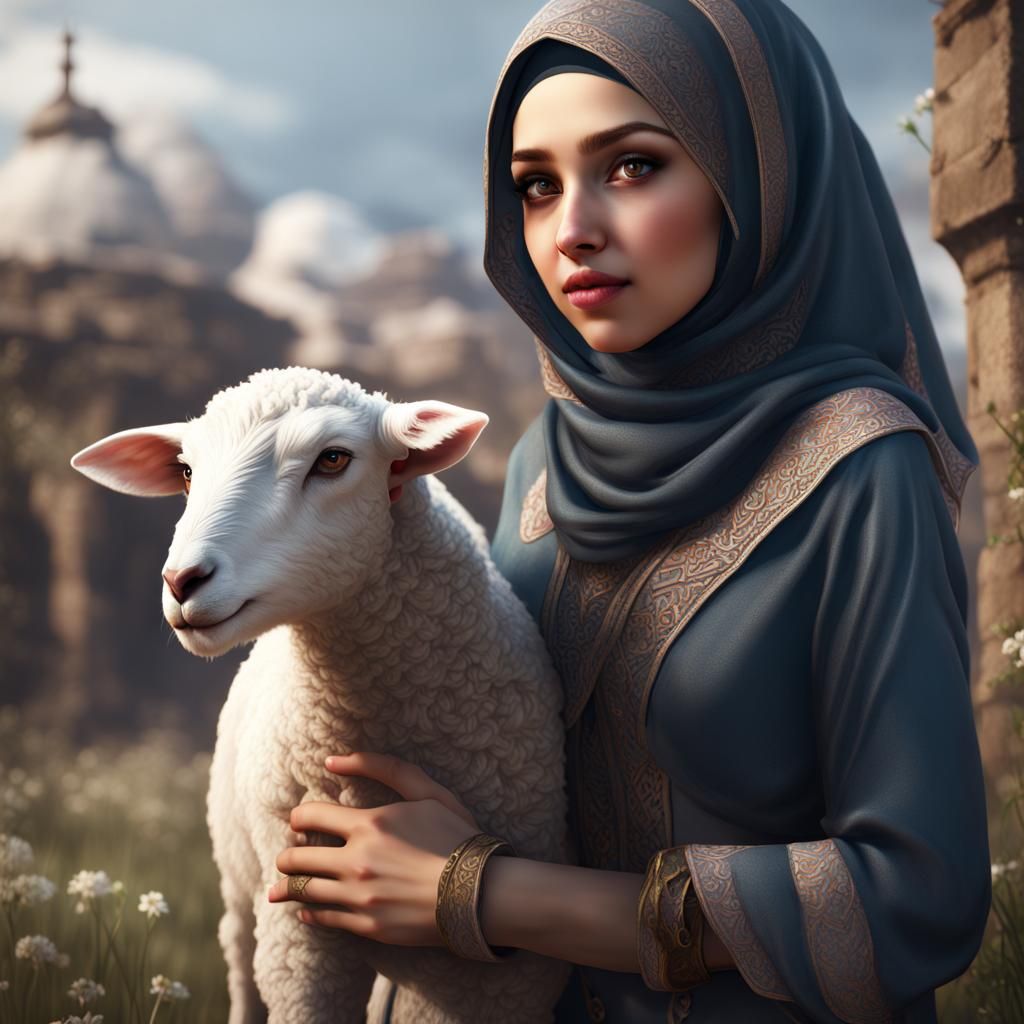 A Young Woman with a Lamb in Whimsical Fantasy Land