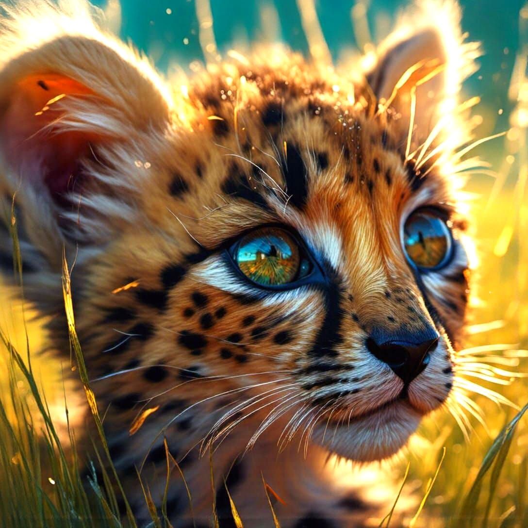Vibrant Fuzzy Cheetah Kitten Basks in Sunny Plains